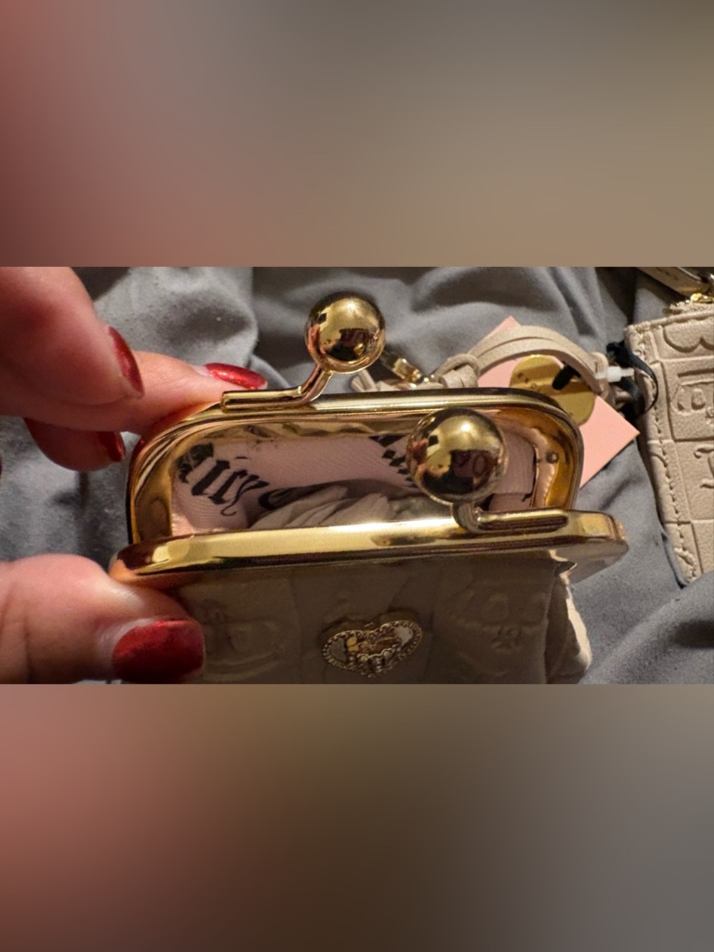 Juicy Couture Beige Embossed Mini Wallet and Coin Purse with Pink Flower Charm - Picture 7 of 7
